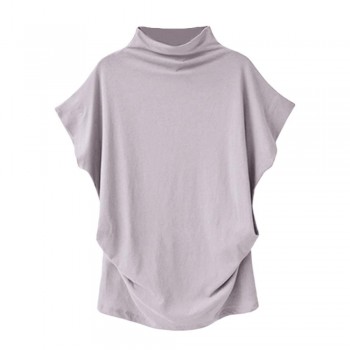 Women Casual Turtleneck Short Sleeve Cotton girl Solid Casual Blouse Top 